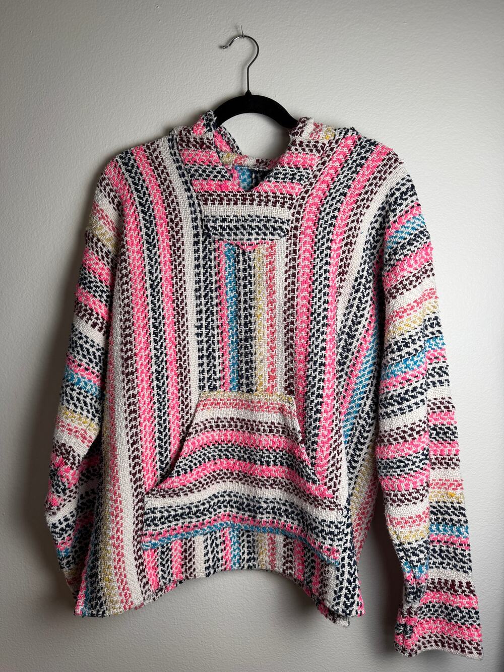 Vintage Baja Hoodie Mexican Jerga Pullover Pink Striped Surf Hoodie